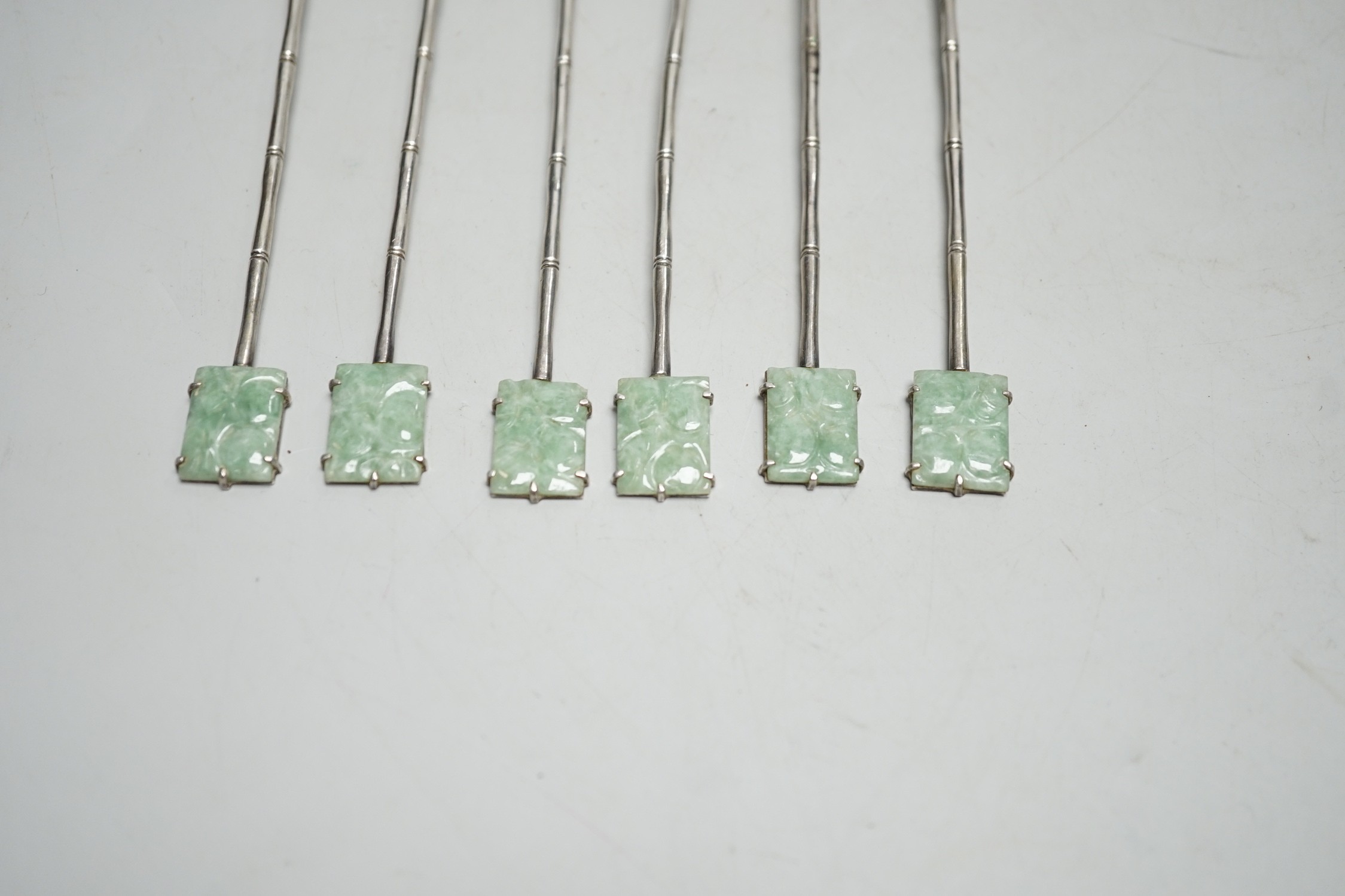 A set of six Chinese white metal and jade set iced tea spoons, by Wai Kee, 19cm.